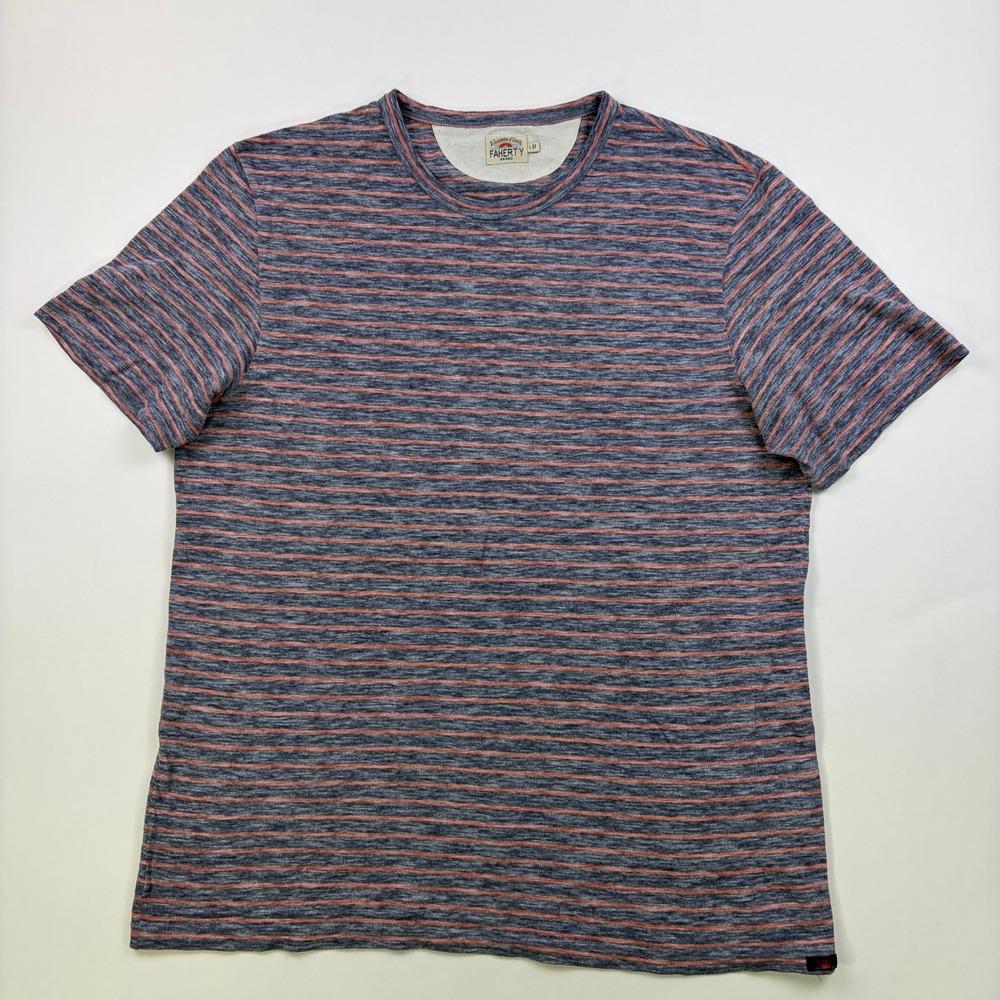 Faherty Striped T-Shirt Mens Large Blue Orange Short Sleeve Crewneck Heathered